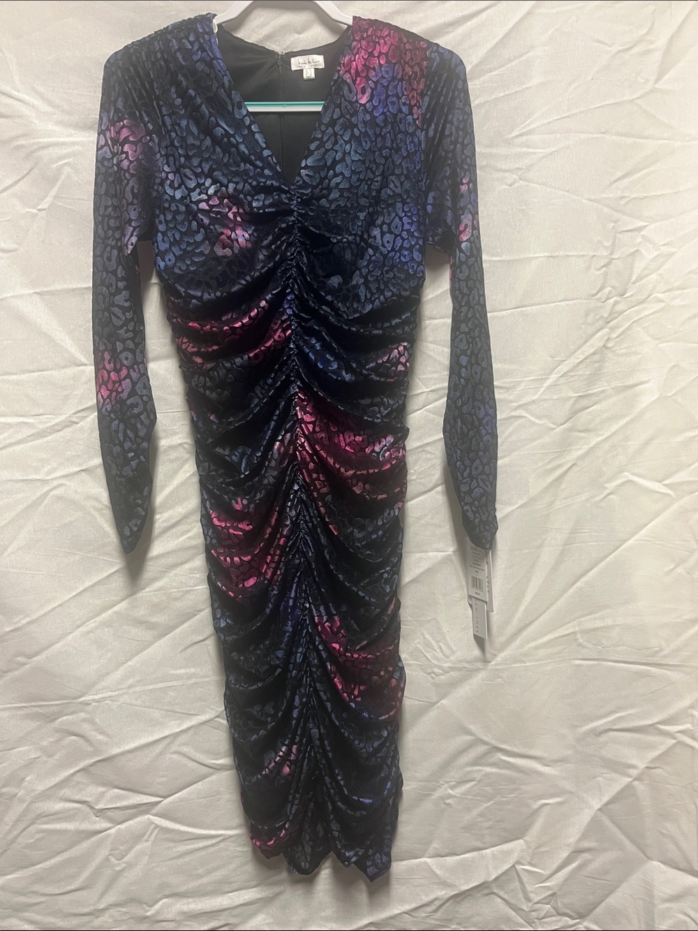 Ruched Long-Sleeve Velvet Midi Dress in Black with Fuchsia and Blue Accents